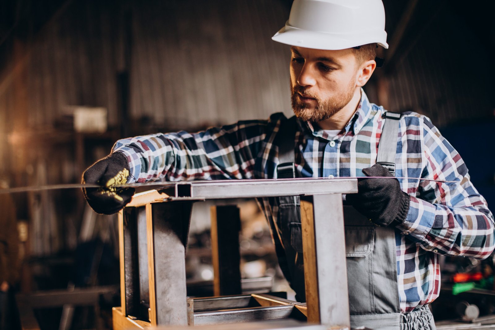 Workman wearing har hat with measuring ruler at factory